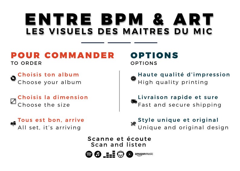 May include: A white graphic with black and red text that reads "ENTRE BPM & ART" and "LES VISUELS DES MAITRES DU MIC". Below are ordering instructions and options, including "Choose your album" and "High quality printing".
