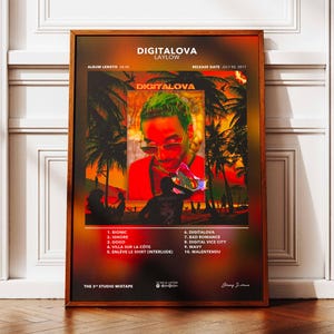 May include: A framed poster for the album "Digitalova" by Laylow. The artwork features a portrait of a person with green hair and sunglasses, set against a tropical sunset backdrop. The poster includes the album title, tracklist, and release date.