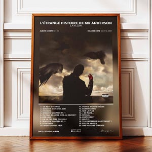 May include: A poster for the album "L'Étrange Histoire de Mr Anderson" by Laylow. The album cover features a man with wings in a dark, cloudy sky. The album release date is July 16, 2021.