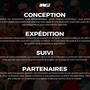 May include: A promotional image for BPMArtPosters, featuring a collage of faces and text in French. The text details the design, shipping, tracking, and partners involved in the poster production and delivery process.