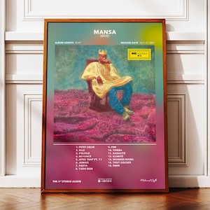 May include: A framed poster for the album "MANSA" by MHD. The artwork features a seated figure in yellow and blue attire, with a crown, against a colorful background. Album length is 33:47. The release date is July 15, 2021.