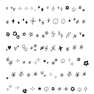 May include: A black and white printable sheet with various hand-drawn doodle designs, including stars, hearts, flowers, smiley faces, and lightning bolts.