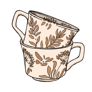 May include: Two stacked teacups with a cream-colored base and brown floral patterns. The cups have curved handles and are slightly angled, showcasing the detailed botanical designs. The overall aesthetic is vintage and delicate.