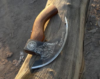 Custom Viking Bearded Axe with Norse Runes and Wolf Engraving | Hand-Forged Steel Axe with Wooden Handle | Norse Gift for Him
