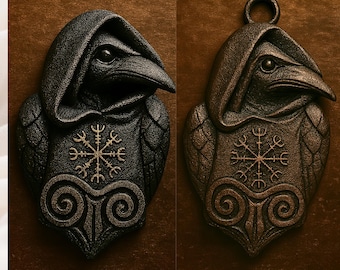 Hooded Raven Vegvisir Pendant and  Wall Plaque 3D STL – Norse Crow Totem, CNC Carving, 3D Printing & Laser Engraving File