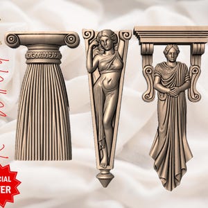 Puede incluir: Tres piezas de arte mural romano de color bronce. La primera es una columna estriada con un capitel detallado. La segunda es una pieza triangular con una figura femenina esculpida. La tercera es una pieza rectangular con una figura esculpida. El texto "Roman Wall Art" es visible.