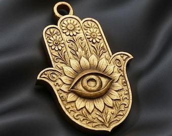 Hamsa Hand Evil Eye Pendant STL – Floral Hand of Fatima Talisman 3D Model, Protective Boho Amulet, 3D Printable Digital Download