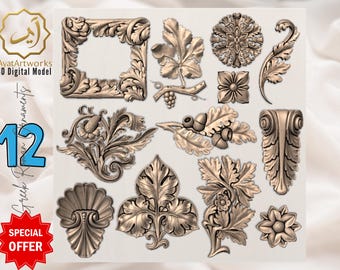 May include: A collection of 12 bronze-colored 3D digital model Greek key ornaments. The designs include floral, leaf, and geometric patterns, with the text "AyatArtworks 3D Digital Model" and "Greek Key Ornaments" visible. A red starburst graphic reads "SPECIAL OFFER".