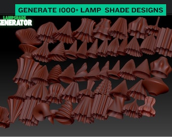 Könnte beinhalten: Eine Sammlung brauner Lampenschirmdesigns in verschiedenen Formen und Stilen. Das Bild enthält den Text "GENERATE 1000+ LAMP SHADE DESIGNS" und "LAMPSHADE GENERATOR". Die Schirme haben unterschiedliche Texturen und Falten.