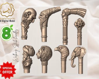 8 Walking Stick Handle STL Bundle | 3D Print Cane Handles | Instant Digital Download | Unique Staff/Canes Topper Designs | CNC Laser STL