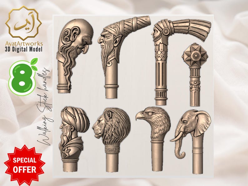 Pu&ograve; includere: Una collezione di otto modelli digitali 3D di manici per bastoni da passeggio. I manici presentano intagli dettagliati di varie figure, tra cui un uomo barbuto, un leone, un'aquila e un elefante. L'immagine include il testo "AyatArtworks 3D Digital Model" e "Walking Stick Handles".