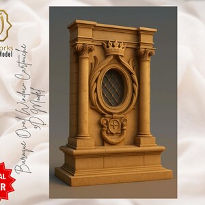 May include: A tan 3D digital model of a Baroque oval window cartouche. The architectural design features an oval window with a crown, columns, and decorative elements. The text "AyatArtworks 3D Digital Model" is visible.