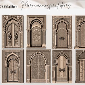 May include: A collection of eight 3D digital models of Moroccan-inspired doors. Each door features intricate carvings and arched doorways. The image includes the text "3D Digital Model" and "Moroccan-inspired doors". A "Special Offer" badge is also present.