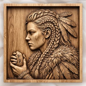 Female Viking Warrior Rune Stone CNC Relief STL | Norse Mythology Wood Carving | Shieldmaiden Decorative Panel