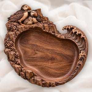 Serving tray  Puffin Family Coastal Cliff CNC Relief STL | Atlantic Puffin Wood Carving Design | Ocean Waves Decorative Dish Panel