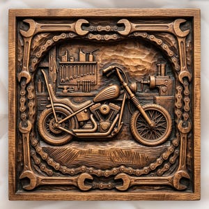 Op de afbeelding: Een vierkante houten wandplaat met een gedetailleerd reliëf van een motorfiets in een werkplaats. De rand is samengesteld uit gesneden moersleutels en een aandrijfketting. De achtergrond toont een werkbank met gereedschap en machines.