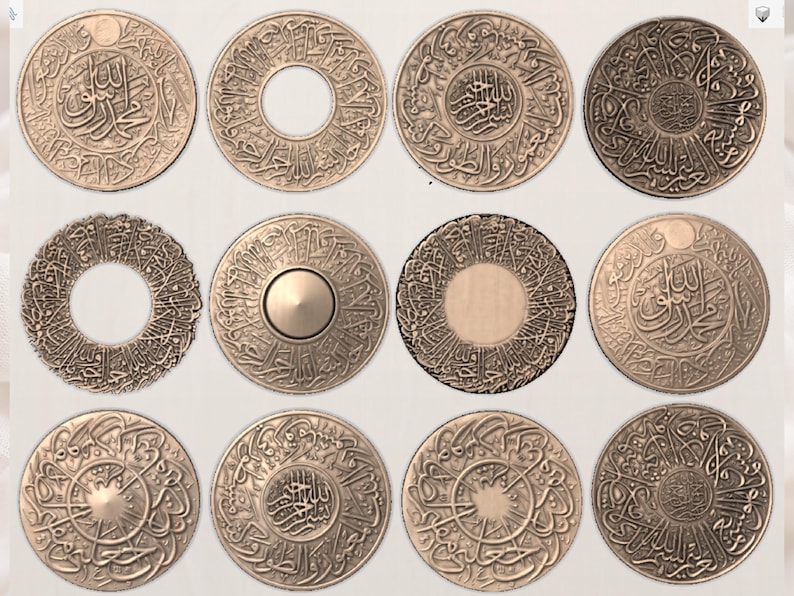 May include: A collection of twelve bronze-colored, circular coins. Each coin features intricate calligraphy and designs. Some coins have a central hole or a raised center. The coins are arranged in a grid pattern.