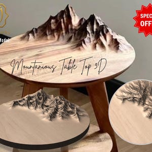 Puede incluir: Una mesa auxiliar de madera con un diseño de cordillera en 3D en la encimera. La mesa tiene tres patas de madera y una tapa redonda. La imagen también muestra un primer plano del diseño de la montaña en un disco de madera separado. El texto en la mesa dice "Mountainous Table Top 3D".