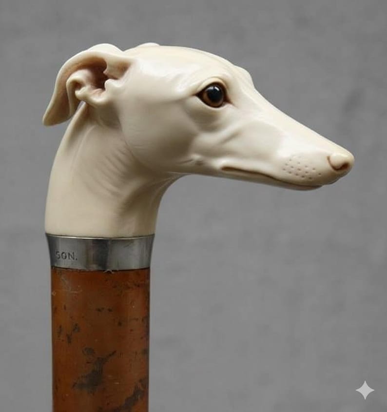 May include: A walking cane with a sculpted ivory-colored dog head handle. The dog has brown eyes and a long snout. The handle is attached to a brown wooden shaft with a silver band that has the letters "SON." engraved on it.