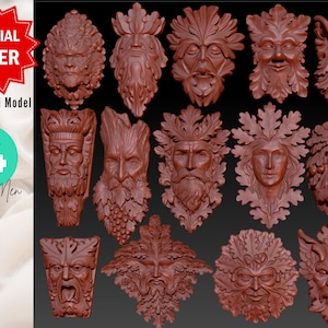 Green Leaf Man 3D Model Bundle | 14 Digital Files CNC & 3D Print | Pagan Wall Art, Mythical Nature Face, Forest Decor -Modelli di Green Man
