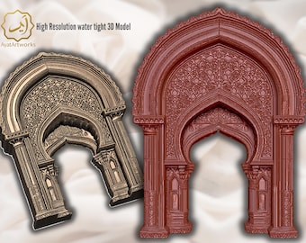 May include: Two 3D models of arched architectural elements. One is a bronze color, the other is a deep red. Both feature intricate, repeating geometric patterns and columns. The text "High Resolution water tight 3D Model" is visible.