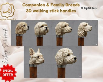 May include: A collection of 3D walking stick handles featuring dog breeds. The handles are sculpted in detail, showcasing various breeds with realistic fur and facial features. The text "Companion & Family Breeds" and "3D walking stick handles" is visible.
