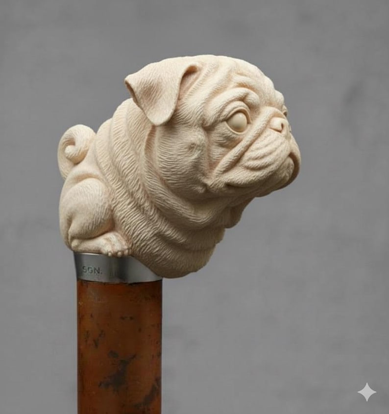 May include: A detailed carving of a pug dog's head, cream-colored, mounted on a brown and silver walking stick. The pug's face is expressive, with wrinkles and a curled tail. The walking stick has a silver band with the letters "SGN."