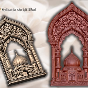 May include: Two ornate 3D models of an arched architectural design, one in bronze and the other in a reddish-brown hue. The models feature intricate details, including a dome and columns, with the text "High Resolution water tight 3D Model".