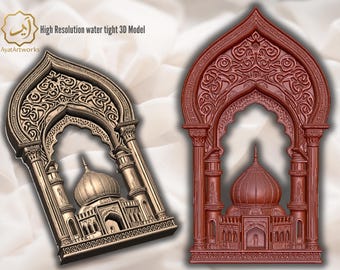 May include: Two ornate 3D models of an arched architectural design, one in bronze and the other in a reddish-brown hue. The models feature intricate details, including a dome and columns, with the text "High Resolution water tight 3D Model".