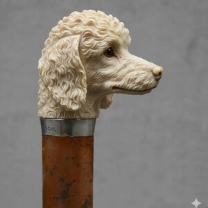 May include: A decorative walking cane featuring a detailed carving of a poodle's head in cream-colored material. The dog's fur is intricately sculpted. The cane's shaft is brown with a silver band at the top. The text "SGN" is visible on the silver band.