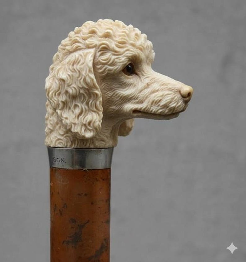 May include: A decorative walking cane featuring a detailed carving of a poodle's head in cream-colored material. The dog's fur is intricately sculpted. The cane's shaft is brown with a silver band at the top. The text "SGN" is visible on the silver band.