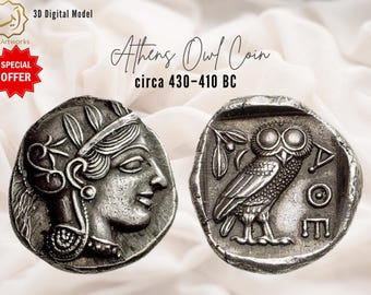 Moneda de búho de Atenas del 410 a. C. (modelo 3D STL) / Archivo digital de tetradracma griega antigua / Réplica de moneda de plata de Atenea / Descarga de escultura de arte clásico