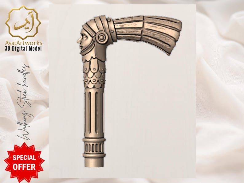 Pu&ograve; includere: Un'impugnatura per bastone da passeggio color bronzo con un design ornato. L'impugnatura presenta un volto scolpito in un elmo, una colonna dettagliata e il testo "AyatArtworks 3D Digital Model" e "Walking Stick Handles". &Egrave; visibile anche un distintivo rosso "SPECIAL OFFER".