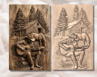 Cowboy Guitar 3D Relief STL | Western Ranch Cabin Scene for CNC Router, Laser Engraving & 3D Printing | Horse Wall Art