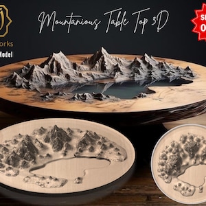 Puede incluir: Modelo digital 3D de una mesa montañosa. La mesa presenta un relieve detallado de montañas y un lago, con un acabado de madera natural. Se muestran modelos más pequeños adicionales debajo. El texto "Mountainous Table Top 3D" es visible.
