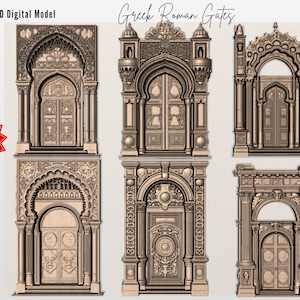 Puede incluir: Un modelo digital 3D que muestra seis puertas grecorromanas con diseños intrincados. Cada puerta presenta tallas detalladas, arcos y elementos arquitectónicos ornamentados. La imagen incluye el texto "Greek Roman Gates" y una insignia de "Special Offer".
