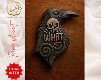Raven Skull WHAT 3D STL – Gothic Crow Wall Art, CNC Carving, 3D Printing & Laser Engraving Digital Download