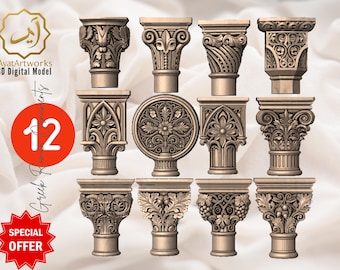 May include: A collection of twelve intricately designed 3D digital model Greek ornaments. The ornaments feature detailed carvings of floral and geometric patterns. The image includes text that says "AyatArtworks 3D Digital Model" and "Greek Ornaments". A red starburst graphic says "SPECIAL OFFER".