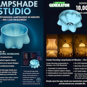 May include: Promotional image for a lampshade design app. The left side shows the text "LAMPSHADE STUDIO" and a light blue lampshade design. The right side shows the text "LAMPSHADE GENERATOR" and examples of custom lampshades. The app allows users to create custom lampshades.