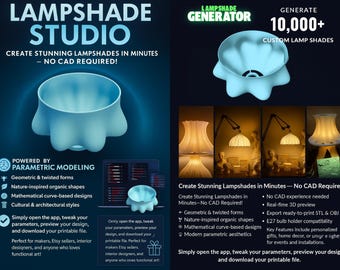 Könnte beinhalten: Werbebild für eine Lampenschirm-Design-App. Die linke Seite zeigt den Text "LAMPSHADE STUDIO" und einen hellblauen Lampenschirm-Entwurf. Die rechte Seite zeigt den Text "LAMPSHADE GENERATOR" und Beispiele für individuelle Lampenschirme. Die App ermöglicht die Erstellung individueller Lampenschirme.
