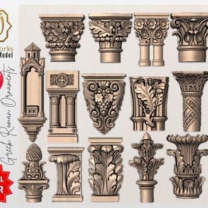 Op de afbeelding: Een verzameling van 14 Grieks-Romeinse ornamenten, 3D digitale modellen, in een beige kleur. De ornamenten hebben ingewikkelde ontwerpen, waaronder bloempatronen, zuilen en architectonische details. De afbeelding bevat de tekst "AyatArtworks 3D Digital Model" en "Greek Roman Ornaments".