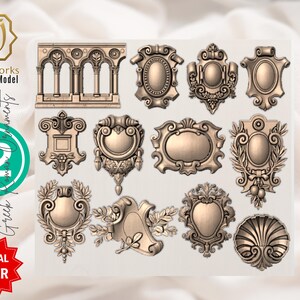 May include: A collection of 12 ornate, 3D digital model Greek ornaments in various shapes, including shields, arches, and decorative panels. The ornaments are a bronze color and are displayed against a neutral background. The image includes the text "AyatArtworks 3D Digital Model" and "Special Offer".