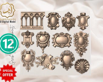 May include: A collection of 12 ornate, 3D digital model Greek ornaments in various shapes, including shields, arches, and decorative panels. The ornaments are a bronze color and are displayed against a neutral background. The image includes the text "AyatArtworks 3D Digital Model" and "Special Offer".