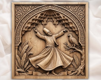 May include: A square wooden wall plaque featuring a detailed relief carving of a whirling dervish in a flowing robe and tall hat. The dervish stands under an arched alcove with an eagle perched on a branch to the right and foliage on the left.