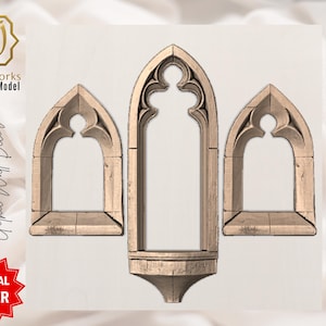 Könnte beinhalten: Gothische Wanddekoration in Hellbraun. Das Bild zeigt ein 3D-Digitalmodell von drei gewölbten Fensterrahmen. Der Text "AyatArtworks 3D Digital Model" und "Gothic Wall Decor" sind sichtbar. Ein rotes sternförmiges "SPECIAL OFFER"-Abzeichen ist ebenfalls vorhanden.