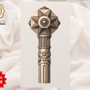 Pu&ograve; includere: Un'impugnatura per bastone da passeggio color bronzo con un design geometrico. L'impugnatura presenta una parte superiore quadrata con accenti a forma di stella e un elemento circolare centrale. L'asta ha un design a colonna con dettagli decorativi. L'immagine include il testo "AyatArtworks 3D Digital Model" e "Walking Stick handles".