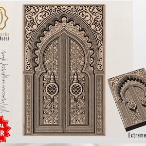 May include: A detailed 3D digital model of a Moroccan-inspired door. The design features intricate carvings, an arched doorway, and decorative handles. The image includes the text "AyatArtworks" and "3D Digital Model". A smaller version of the door is also shown.