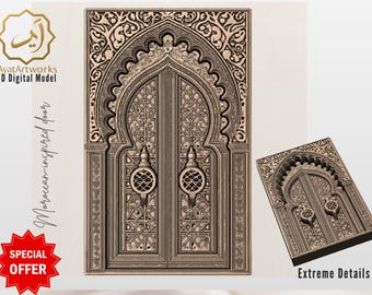 May include: A detailed 3D digital model of a Moroccan-inspired door. The design features intricate carvings, an arched doorway, and decorative handles. The image includes the text "AyatArtworks" and "3D Digital Model". A smaller version of the door is also shown.