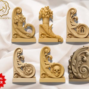 Puede incluir: Colección de diseños de esquina de madera tallada intrincadamente. Los diseños incluyen motivos florales, frutales y de calaveras, con una estética gótica. Las piezas se exhiben sobre un fondo neutro, mostrando la artesanía detallada.
