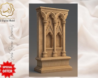 Könnte beinhalten: Ein 3D-Digitalmodell eines griechisch-römischen Ornaments. Die beige Struktur weist gewölbte Öffnungen, Säulen und dekorative Details auf. Der Text "Greek Roman Ornaments" und "3D Digital Model" sind sichtbar. Ein rotes "SPECIAL OFFER"-Abzeichen ist ebenfalls vorhanden.